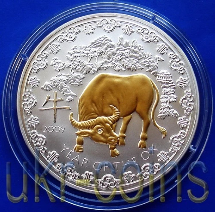 2009年 ルワンダ 丑年 3オンス 銀貨 BU 金メッキ 宝石 ダイヤモンドアイ
