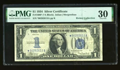DBR 1934 $1 シルバー ファニーバック STAR Fr. 1606* PMG 30 シリアル *00292613A