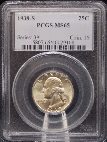 :1938-S S25C ワシントン クォーター PCGS GEM BU MS 65 希少 R3 LOW POP 最高グレード