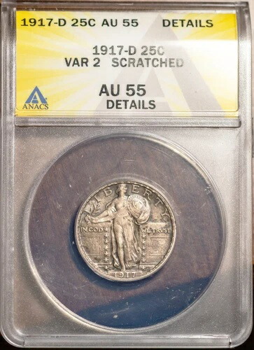 1917-D 25セント 変則2 銀製スタンディングリバティ AU 55 詳細 ANACS # 7494957+ ボーナス