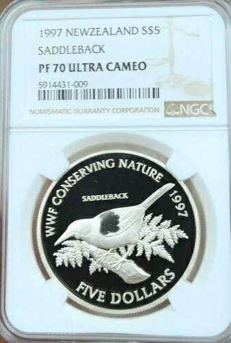 1997年 ニュージーランド シルバー 5ドル サドルバック NGC PF 70 ウルトラカメオ パーフェクトポップ 1