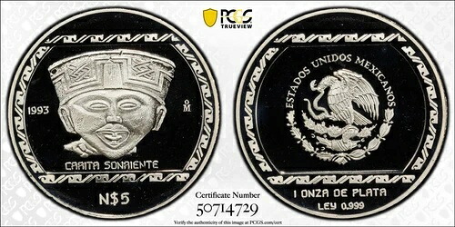 1993-Mo 5 ペソ カリタ ソンリエンテ T-1 PCGS PR69 DCAM トップ ポップ