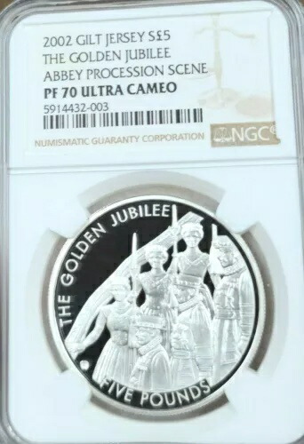 2002年 ジャージー シルバー 5ポンド 修道院の行列シーン NGC PF 70 ウルトラカメオ ポップ1