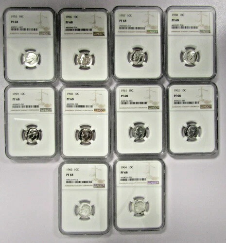 1955-1964年 プルーフ ルーズベルト ダイム NGC PF68 (10枚セット)