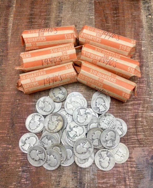 1940-1949年 10ドル クォーター硬貨ロール - 90% 銀 - 40 クォーター硬貨～混合日付すべて t