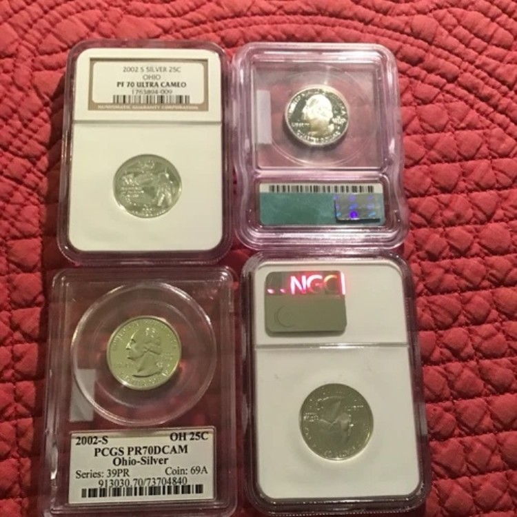 2002年 シルバークォーター 4枚 PCGS、NGC、PR70DCAM。オハイオ州、テネシー州、ルイジアナ州が2枚。
