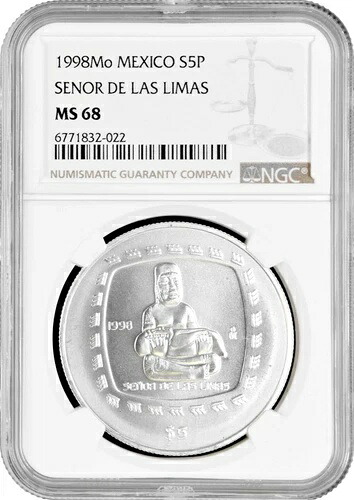 メキシコ 5 ペソ 1998、NGC MS68、「オルメカ - セニョール デ ラス リマス」銀貨