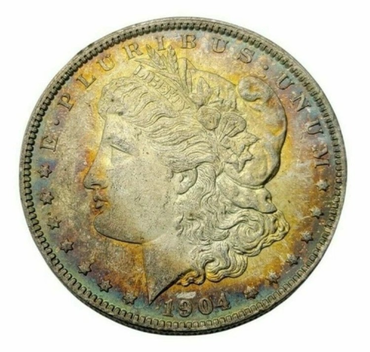 1904年 O モルガン銀貨 虹彩調の電飾胸羽根