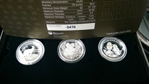オーストラリア 2013 高浮き彫り 3枚セット 1ドル銀貨 1オンス コアラ カンガルー ワライカワセミ