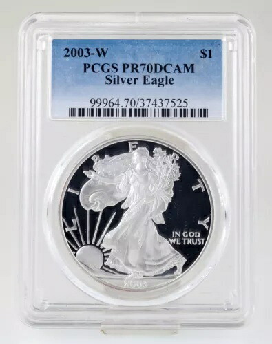 2003-W 1ドル銀貨アメリカンイーグルプルーフ、PCGSによりPR70DCAMと評価