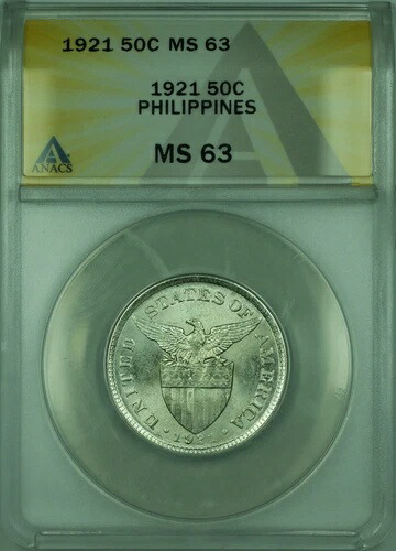 1921年 50セント フィリピン ANACS MS-63 50センタボ銀貨 KM#171 (F) 121,550円
