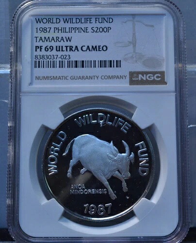 1987 200 ピソ フィリピン世界野生生物基金タマラウ NGC PF69 UCAM シルバー コイン
