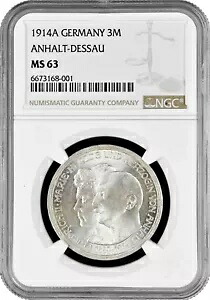 アンハルト・デッサウ 3 マーク 1914、NGC MS63、「フリードリヒ 2 世とマリー・フォン・バーデン」