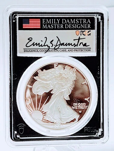 2021-W シルバーイーグル PCGS PR70 初日発行 - エミリー・ダムストラ直筆サイン入り - ブラックコア