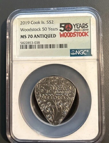ウッドストック50周年記念 2019 Cook Is MS 70 アンティークシルバーギターピック