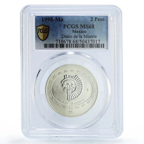 メキシコ 2ペソ プレコロンビーナ ディスコ ムエルテ デスディスク MS68 PCGS 銀貨 1998年