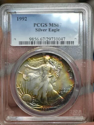 MS67 1992 アメリカン シルバー イーグル PCGS 美しいレッド/ブルー レインボー ナチュラル トーニング!