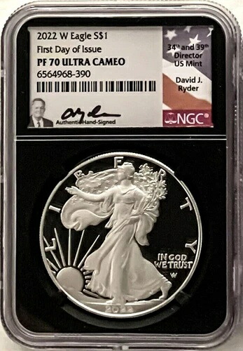 2022年 Wプルーフ シルバーイーグル 発行初日 NGC PF70 デビッド・J・ライダー直筆サイン入り