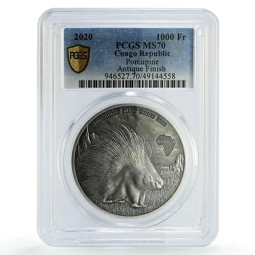 コンゴ 1000フラン アフリカオンス 野生動物 ヤマアラシ MS70 PCGS 銀貨 2020年 121,550円