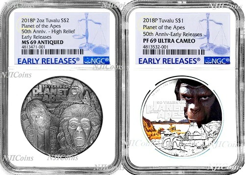2枚セット 2018年 猿の惑星 シルバー $2 & $1 1オンス 2オンス NGC MS PF 69 アンティーク