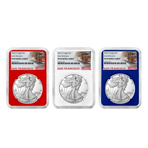 2022-S プルーフ $1 アメリカン シルバー イーグル 3 個セット NGC PF69UC ER トロリー ラベル レッド...