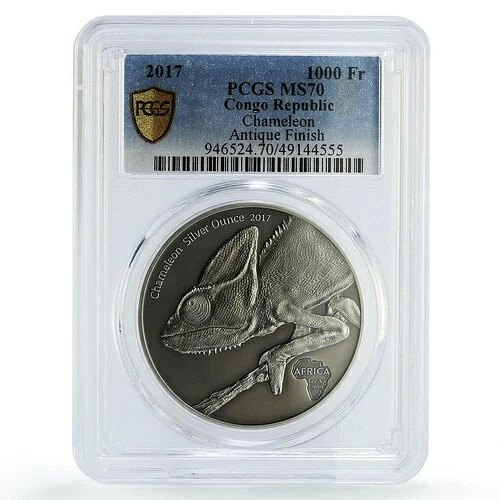 コンゴ 1000フラン アフリカンオンス ワイルドライフ カメレオン MS70 PCGS 銀貨 2017