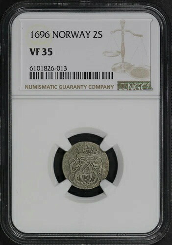 1696年ノルウェーシルバー2枚 スキルリング NGC VF-35
