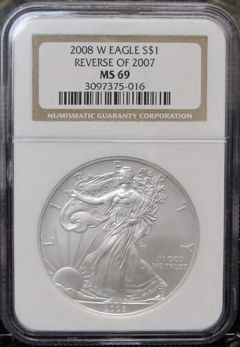 2007 NGC MS69 ブラウンラベルの2008-W バーニッシュドシルバーイーグル裏面｜WORLD RESOURCE【KING店】