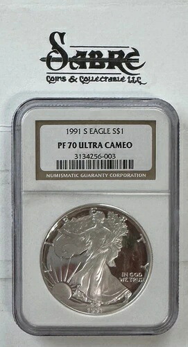 1991-S アメリカン シルバー イーグル $1 NGC PF70 ウルトラカメオ - シミや傷なし A++