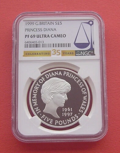 イギリス 1999年 ダイアナ妃 5ポンド プルーフ銀貨 NGC PF69UC