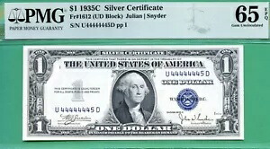 ほぼ完全なシリアル - U 44444445 D - 1935C $1 SC - Fr 1612 - PMG GEM 65 EPQ