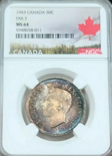 1943年カナダ銀貨50セントFAR3NGC MS64非常に素晴らしい色調