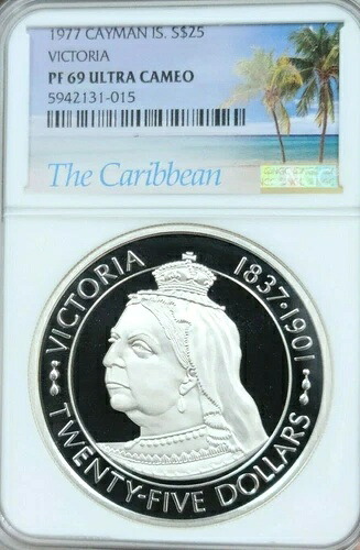 1977年 ケイマン諸島 シルバー 25ドル クイーン・ヴィクトリア NGC PF 69 ウルトラカメオトップ