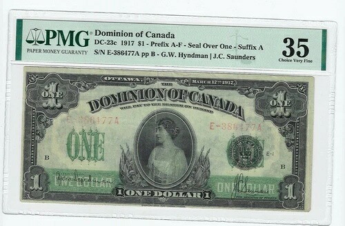 1917年 カナダ自治領 DC-23c $1 プレA-Fシール オーバー1 シリアル番号E-386477A PMG VF-35｜WORLD RESOURCE【KING店】