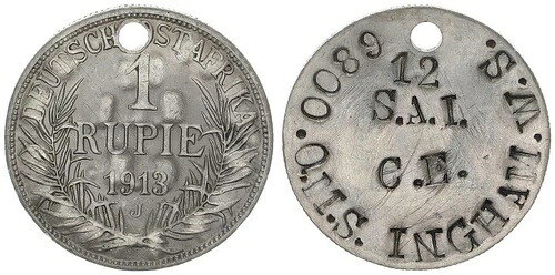 ドイツ東アフリカ兵士識別タグ 1ルピーから 1913 J J.722 SS 89163