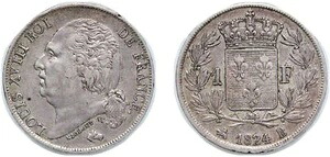 フランス 1824 B 1フラン 銀貨 900 XF