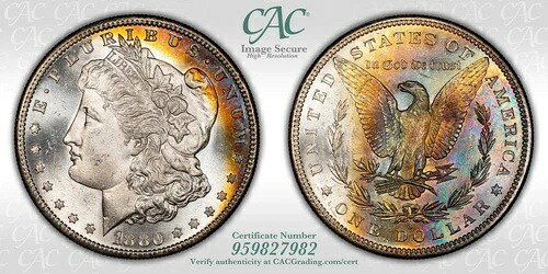 1880-S 1ドルモルガン銀貨 CACG MS65、素晴らしいリバーストーニング