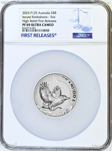 2024年 インキューズ プルーフ オブザーブ ハイリリーフ 5オンス シルバー クッカバラ 8ドル コイン NGC PF69 FR