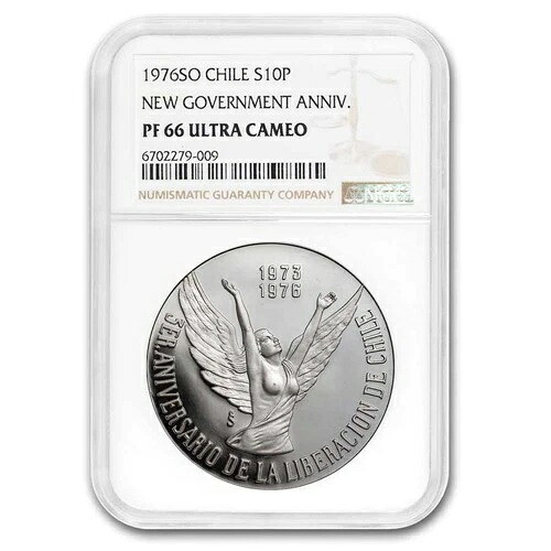 1976年頃 チリ 銀貨 10ペソ PF-66 ウルトラカメオ NGC