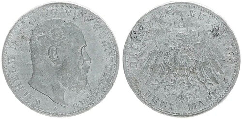 ヴュルテンベルク州産 3マーク 1911 アルミニウム製 縁刻印なし 64689