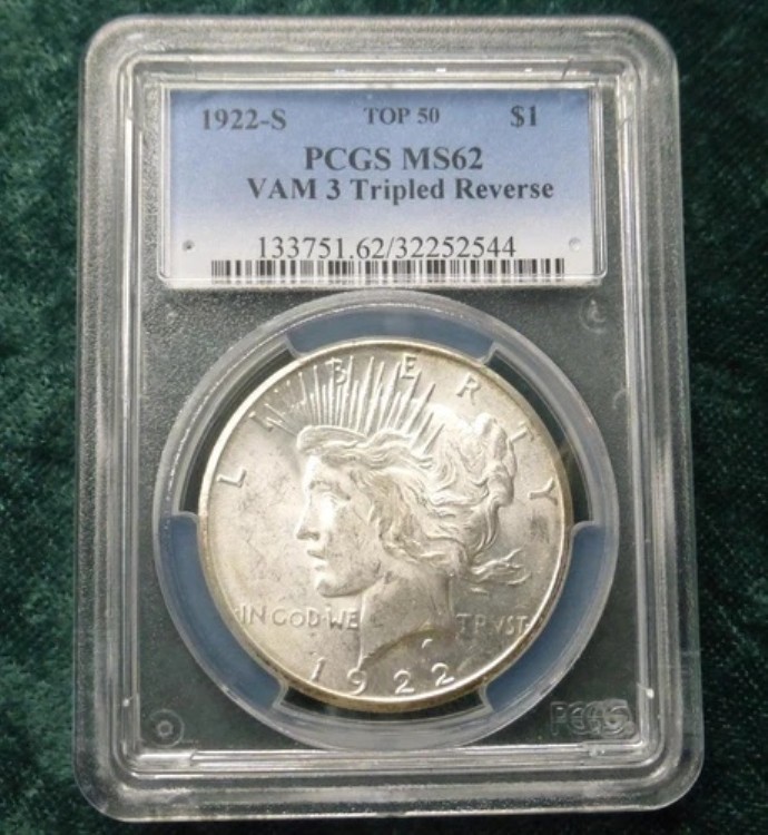 1922年 S PCGS MS-62 VAM-3 TDR ピースシルバーダラー、トップ50トリプルリバースバラエティ