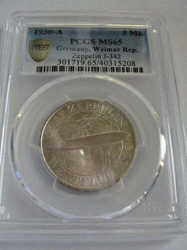 ドイツ、ワイマール共和国 1930-A 3 MK ツェッペリン J-342 PCGS MS65
