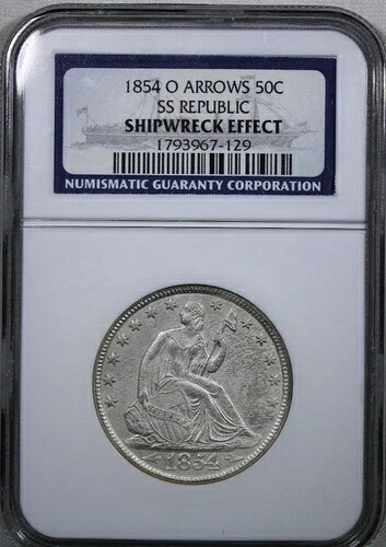1854-O アローズ シーテッド リバティ ハーフドル 50セント SS リパブリック NGC 難破船効果