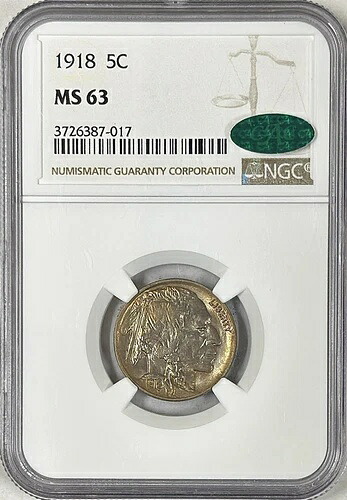 1918年 バッファローニッケル NGC & CAC MS63 美しい色調
