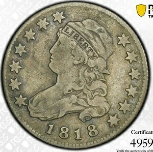 1818年 キャップドバストクォーター 25セント 米国銀貨 ゴールドシールド PCGS F15