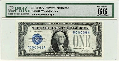 1928A 1ドル銀貨証明書 Fr# 1601 PMG Gem66 EPQ 2桁