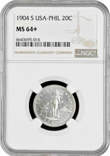 フィリピン 20センタボ 1904 S、NGC MS64+、「米国政権（1903 - 1945）」