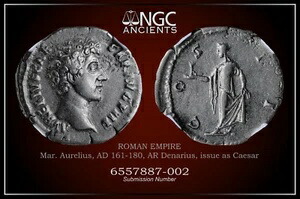 マルクス・アウレリウス・カエサル NGC Ch VF ローマコイン、AD 161-180。 AR デナリウス。 A1096