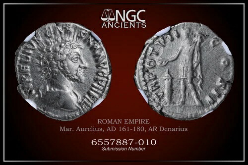 マルクス・アウレリウス NGC Ch VF ローマコイン、AD 161-180。 AR デナリウス。 A1108