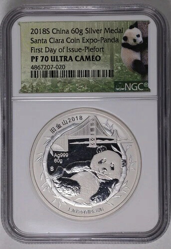 2018-S-中国パンダ 60g ピエフォート サンタクララ コイン エキスポ NGC PF-70 UC 初日｜WORLD RESOURCE【KING店】